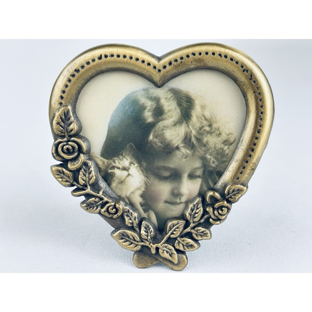 Ornate Vintage Bronze Metal Miniature Heart Roses Floral Scroll Picture Frame